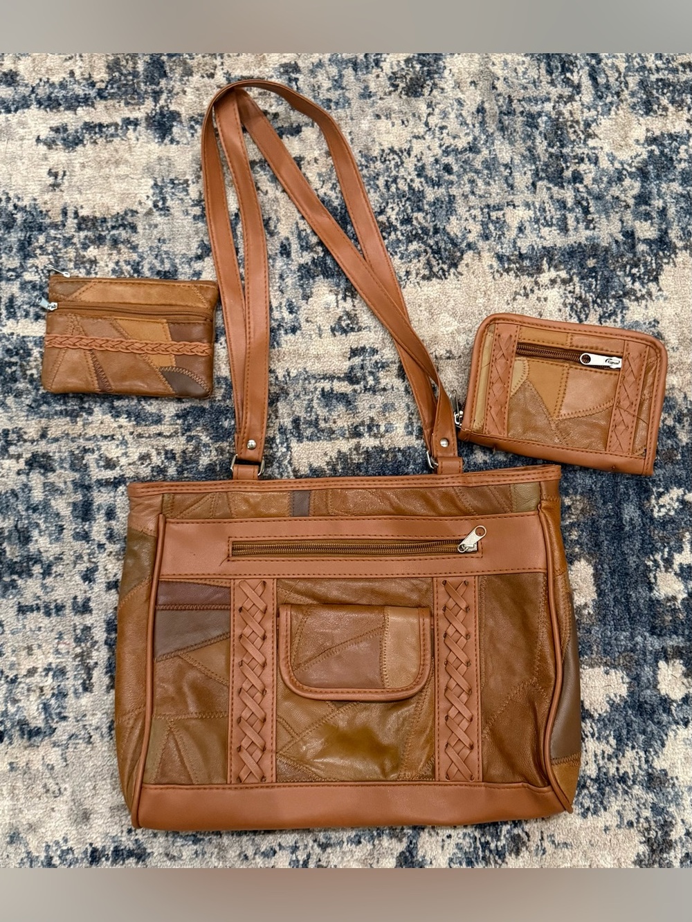3-piece genuine patchwork leather handbag set